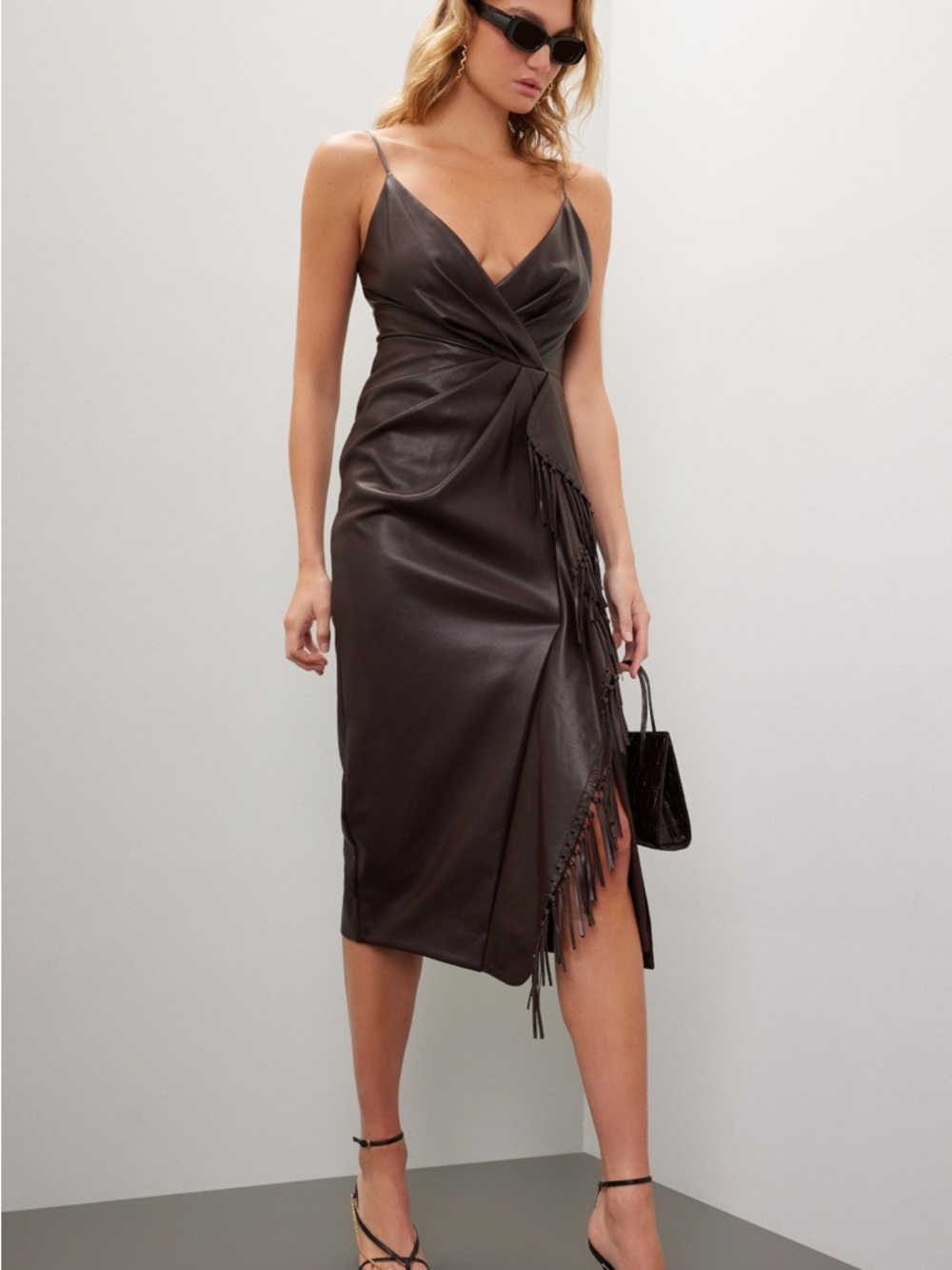 Twist-Front Faux Leather Midi Dress in Dark Brown